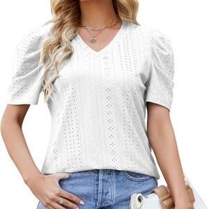 Women’s White Puff Short Sleeve Eyelet Hollow Out V-Neck Top